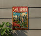A vintage-style metal sign for Shilin Park, China, featuring a scenic landscape with mountains, pagodas, and a stone forest.