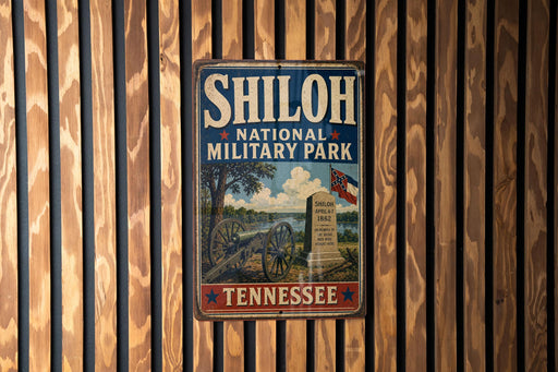 A vintage metal sign for Shiloh National Military Park in Tennessee, featuring a cannon and a monument, is displayed on a wooden wall.