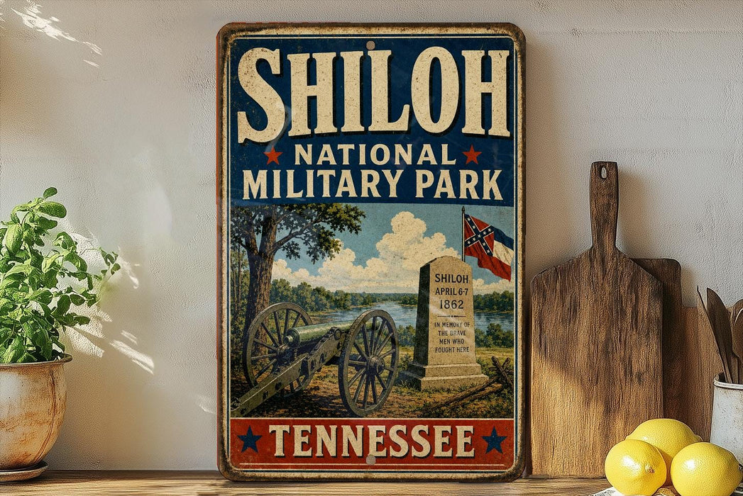 A vintage-style sign for Shiloh National Military Park in Tennessee, featuring a cannon and a monument, with a wooden paddle and a potted plant in the background.