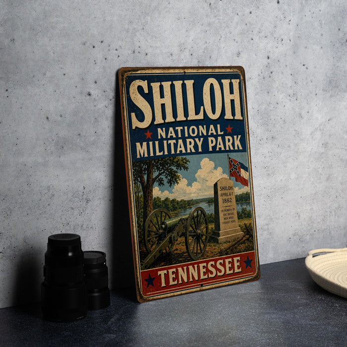 A vintage metal sign for Shiloh National Military Park in Tennessee, featuring a cannon and a monument, is displayed on a gray countertop.