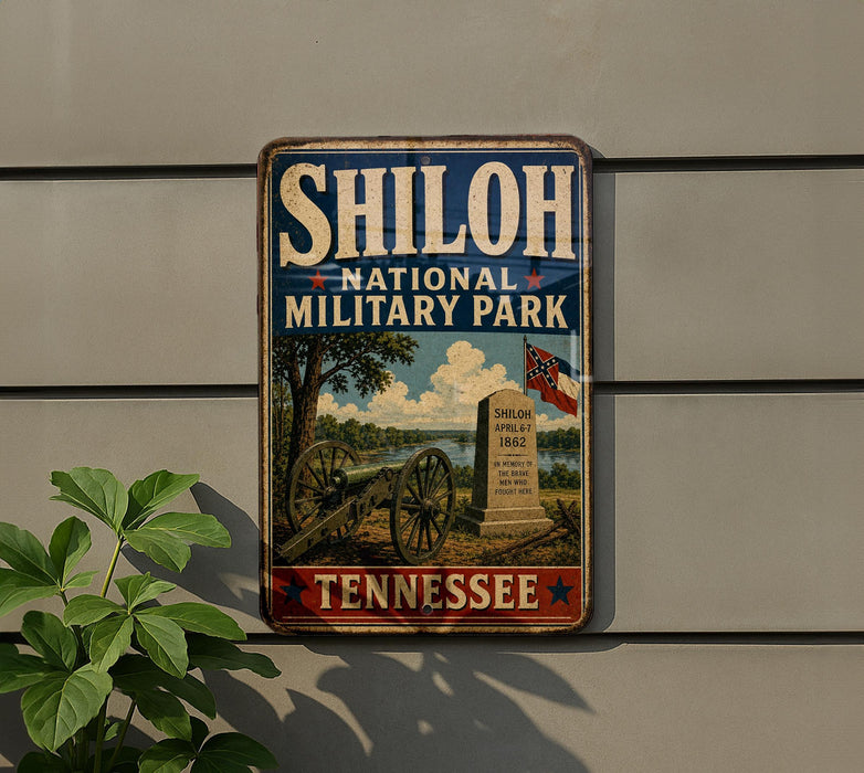 A vintage metal sign for Shiloh National Military Park in Tennessee, featuring a cannon and a flag, mounted on a wall.