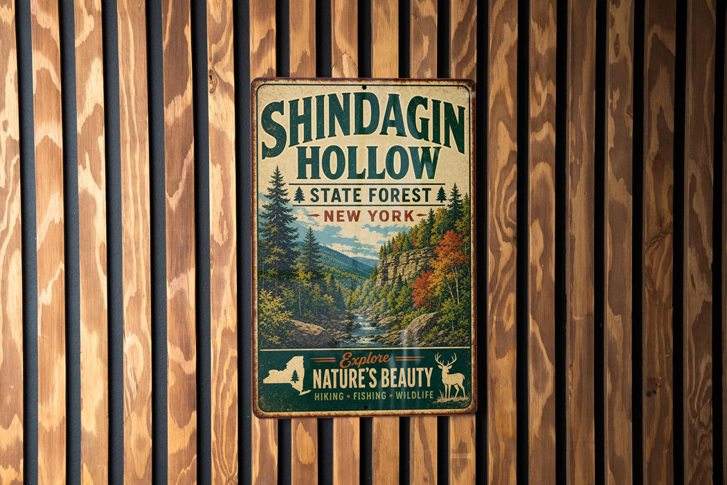 A vintage metal sign for Shindagin Hollow State Forest in New York, featuring a scenic illustration of the forest and mountains.