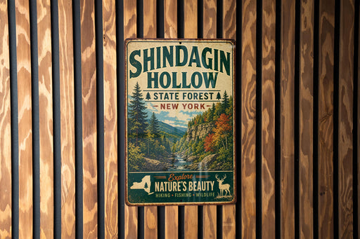 A vintage metal sign for Shindagin Hollow State Forest in New York, featuring a scenic illustration of the forest and mountains.