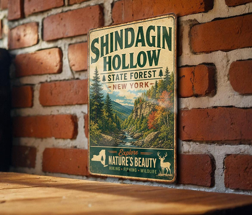 A vintage-style metal sign for Shindagin Hollow, a state forest in New York, is displayed on a brick wall.