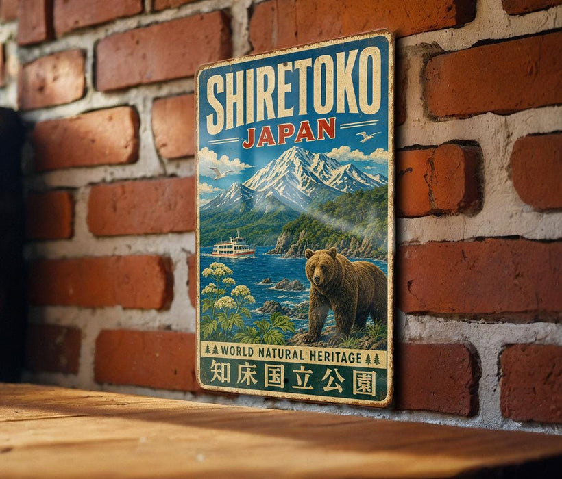 A vintage-style metal sign with the text "SHIRETOKO JAPAN" and an illustration of a bear in front of a mountain landscape.