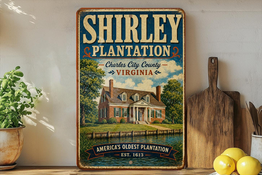 a vintage-style sign for Shirley Plantation, which is described as America's oldest plantation in Virginia. The sign is displayed on a shelf next to a wooden cutting board and a potted plant.