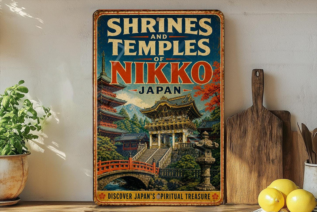 A vintage-style sign advertising Shrines and Temples of Nikko, Japan, featuring an illustration of a traditional Japanese temple surrounded by lush greenery.