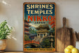 A vintage-style sign advertising Shrines and Temples of Nikko, Japan, featuring an illustration of a traditional Japanese temple surrounded by lush greenery.
