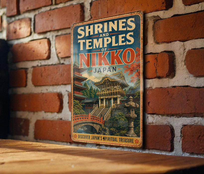 A vintage-style sign for the Shrines and Temples of Nikko, Japan, featuring an illustration of a temple surrounded by trees and a bridge.