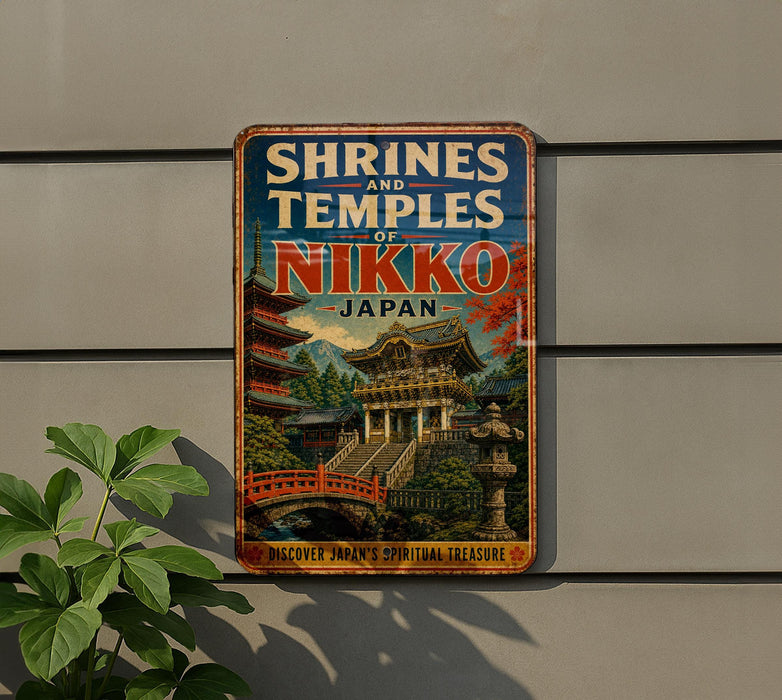 A vintage-style sign advertising "Shrines and Temples of Nikko, Japan" is displayed on a wall, with a plant to the left.