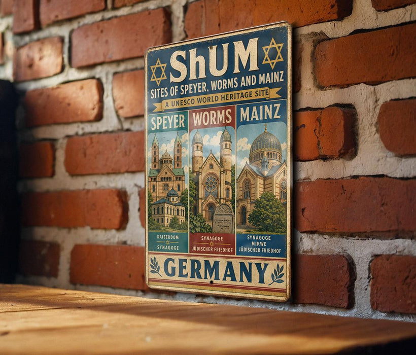 a vintage-style sign with illustrations of buildings and text, mounted on a brick wall.
