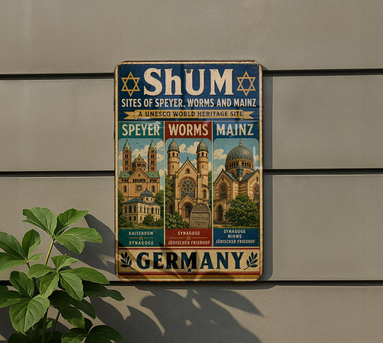 The image is a vintage-style sign for Shum, a world heritage site in Germany, featuring illustrations of various German churches and cathedrals.