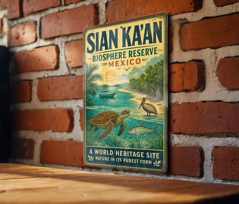 A vintage-style metal sign for the Sian Ka'an Biosphere Reserve in Mexico, featuring a tropical beach scene with a turtle, palm tree, and other wildlife.