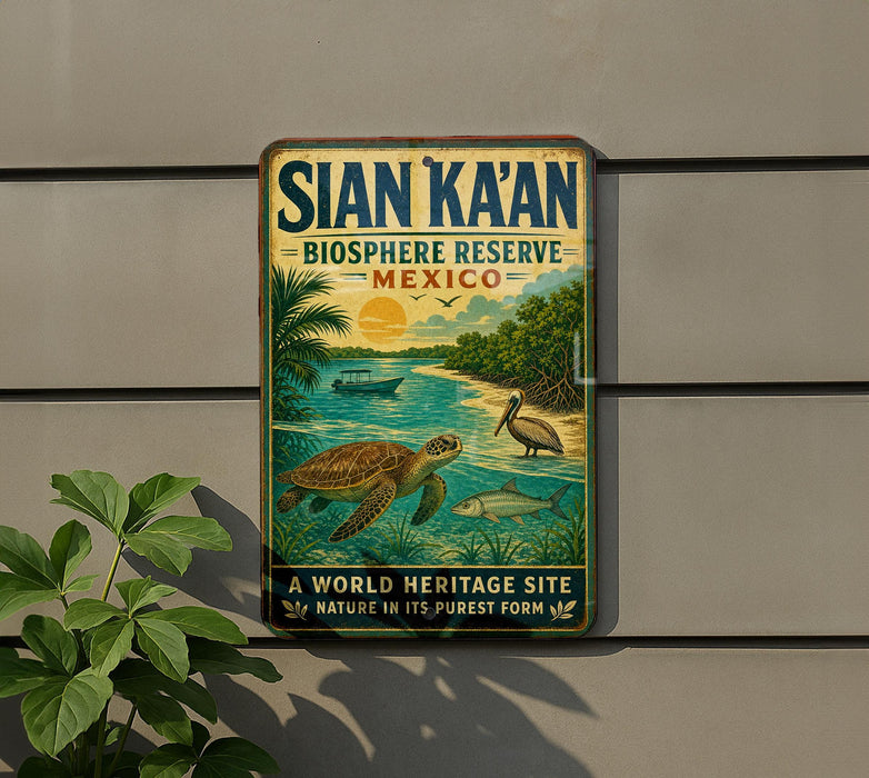 A vintage-style sign for the Sian Ka'an Biosphere Reserve in Mexico, featuring a tropical beach scene with a turtle, palm tree, and other wildlife.