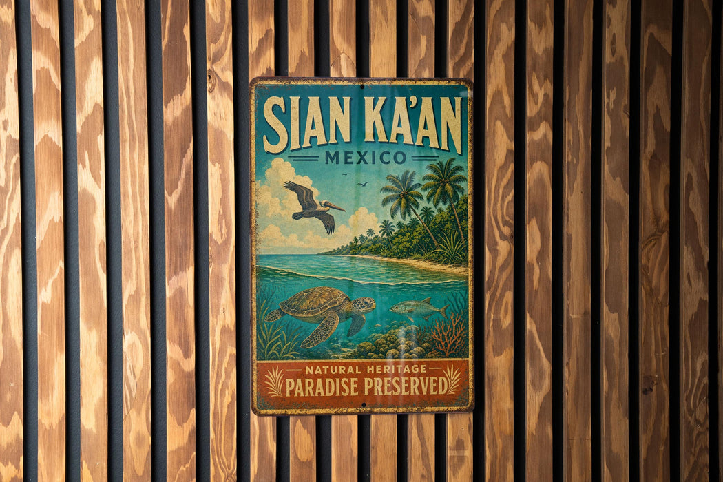 A vintage metal sign with the text "SIAN KÁAN MEXICO" and an illustration of a tropical beach scene with palm trees and a bird in flight.