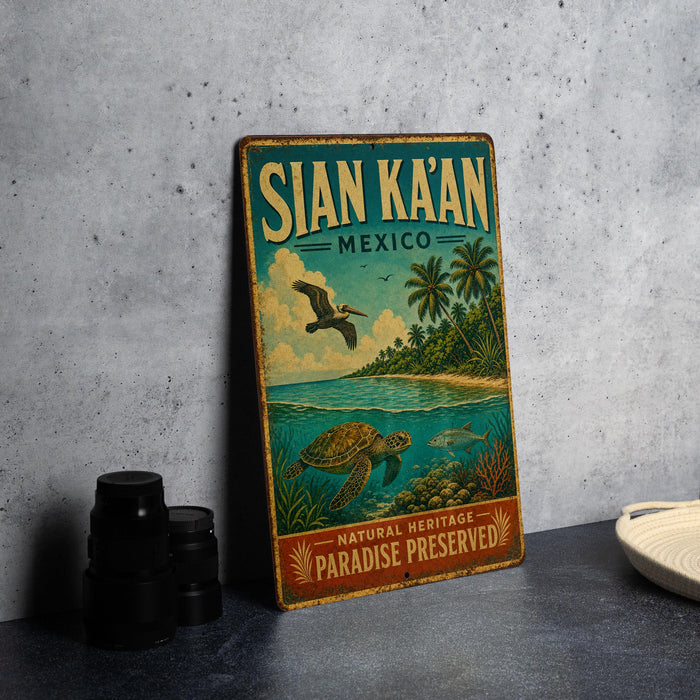 A vintage metal sign with a tropical beach scene and a bird in flight, advertising "SIAN KÁAN MEXICO" and "NATURAL HERITAGE PARADISE PRESERVED".