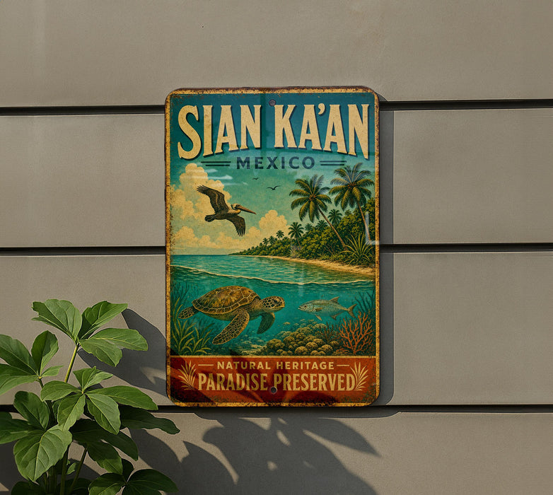 A vintage-style metal sign with the text "SIAN KÁAN MEXICO" and an illustration of a tropical beach scene with a bird, turtle, and palm trees.