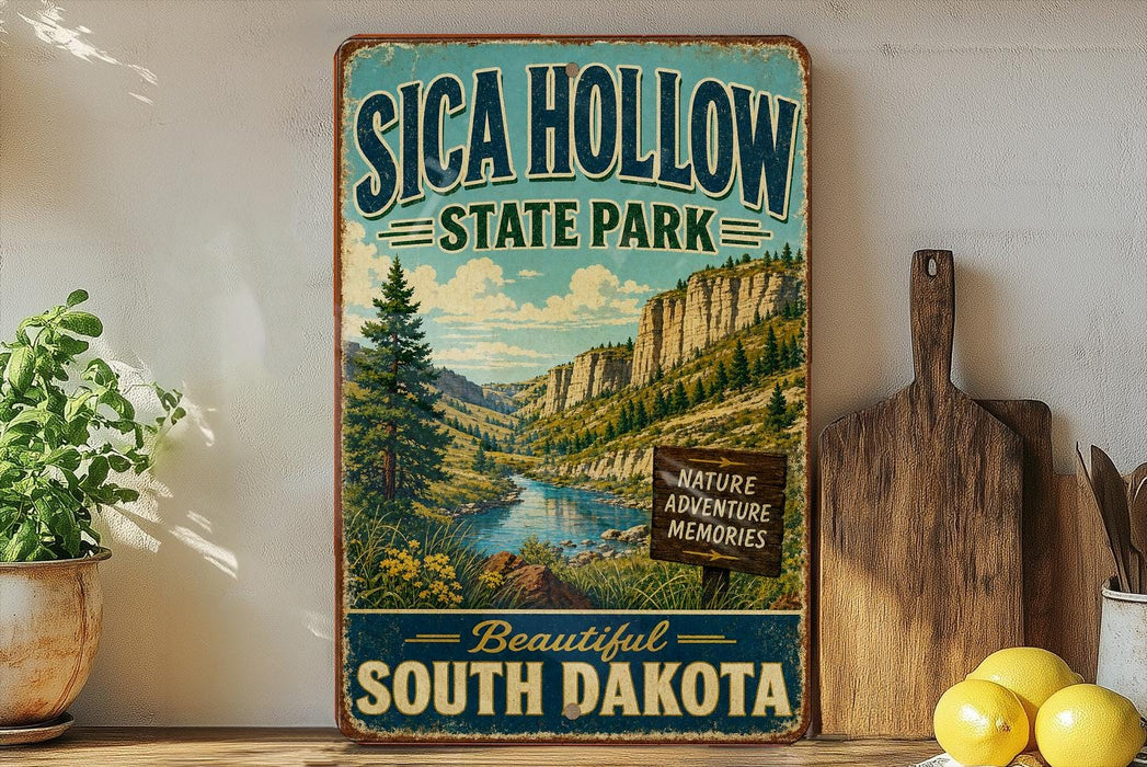 A vintage-style sign for Sica Hollow State Park in South Dakota, featuring a scenic mountain landscape with a river and pine trees.