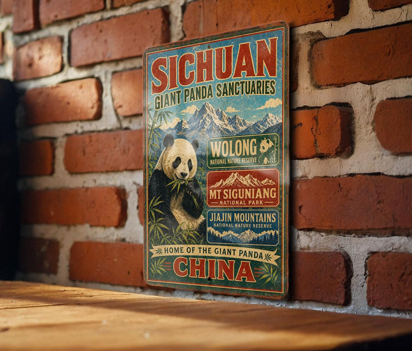 a vintage-style sign advertising the Giant Panda Sanctuary in Sichuan, China.