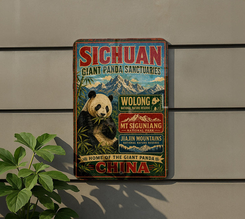 a vintage-style sign advertising the Giant Panda Sanctuary in Sichuan, China.