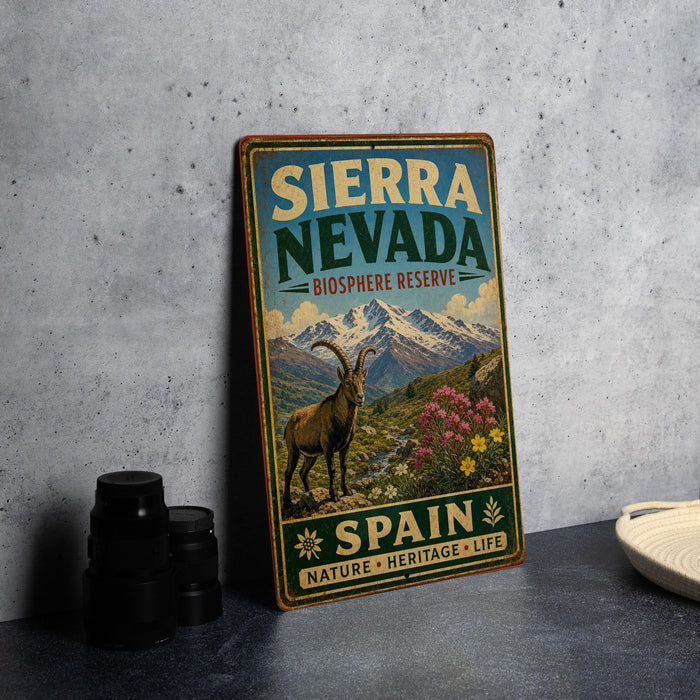A vintage-style sign for Sierra Nevada Biosphere Reserve, featuring a mountain landscape with a goat and flowers, placed on a gray countertop next to some camera equipment.