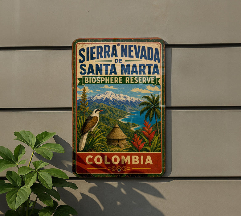 A vintage-style sign for Sierra Nevada de Santa Marta Biosphere Reserve in Colombia, featuring a tropical landscape with a bird, palm trees, and mountains.