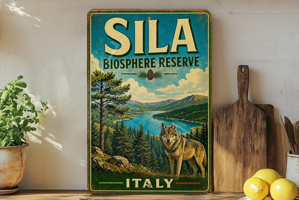 A vintage-style metal sign for the Sila Biosphere Reserve in Italy, featuring a wolf in a forest setting.