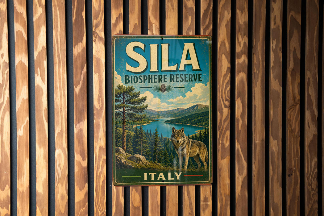 A vintage-style metal sign for Sila Biosphere Reserve in Italy, featuring a wolf and a forest landscape.