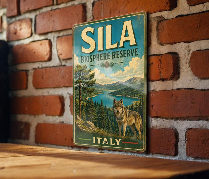 A vintage-style metal sign with the text "SILA BIOSPHERE RESERVE ITALY" is displayed on a brick wall.