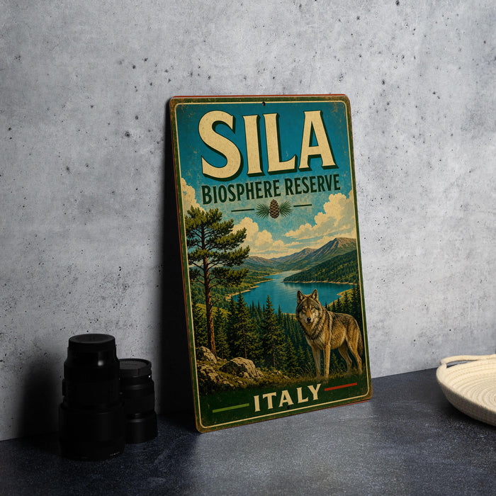A vintage-style metal sign for the Sila Biosphere Reserve in Italy, featuring a wolf in a forest setting.