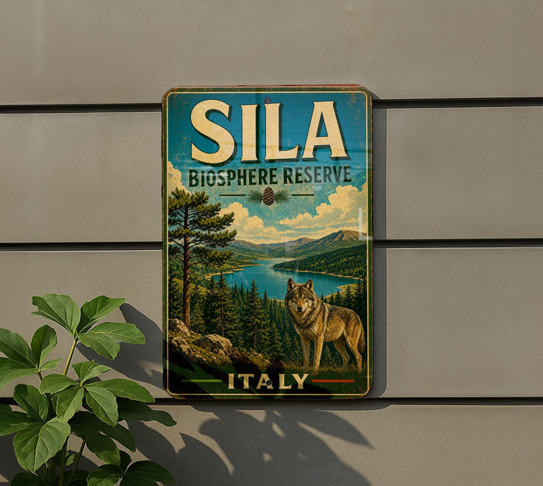 a vintage-style metal sign with a wolf and a forest landscape, mounted on a wall.