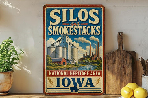 A vintage-style sign for Silos and Smokestacks, located in the National Heritage Area of Iowa, with a farm scene and industrial buildings in the background.