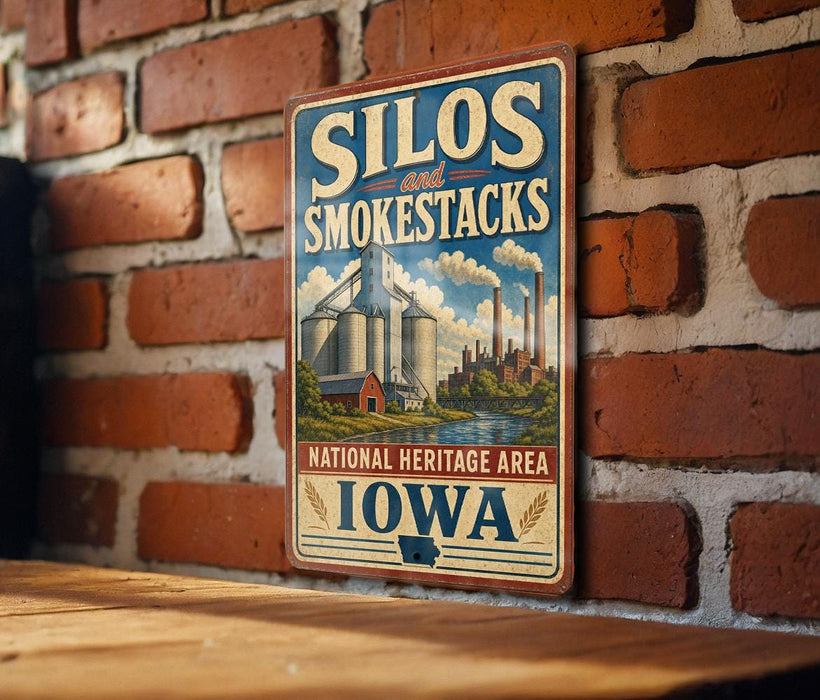 A vintage-style metal sign with the text "SILOS and SMOKE stacks" and "NATIONAL HERITAGE AREA IOWA" is displayed on a brick wall.