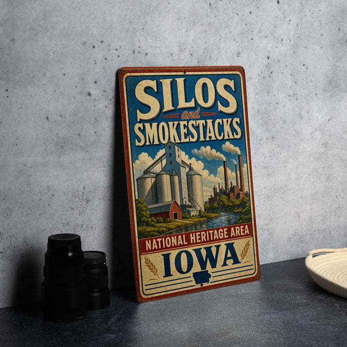 A vintage-style metal sign advertising Silos and Smokestacks in Iowa, with a depiction of silos and smoke stacks in the background.
