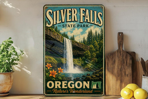 A vintage-style metal sign for Silver Falls State Park in Oregon, featuring a waterfall surrounded by lush greenery and flowers.