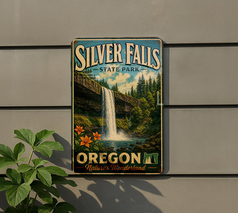 A vintage-style metal sign for Silver Falls State Park in Oregon, featuring a waterfall surrounded by lush greenery and flowers.