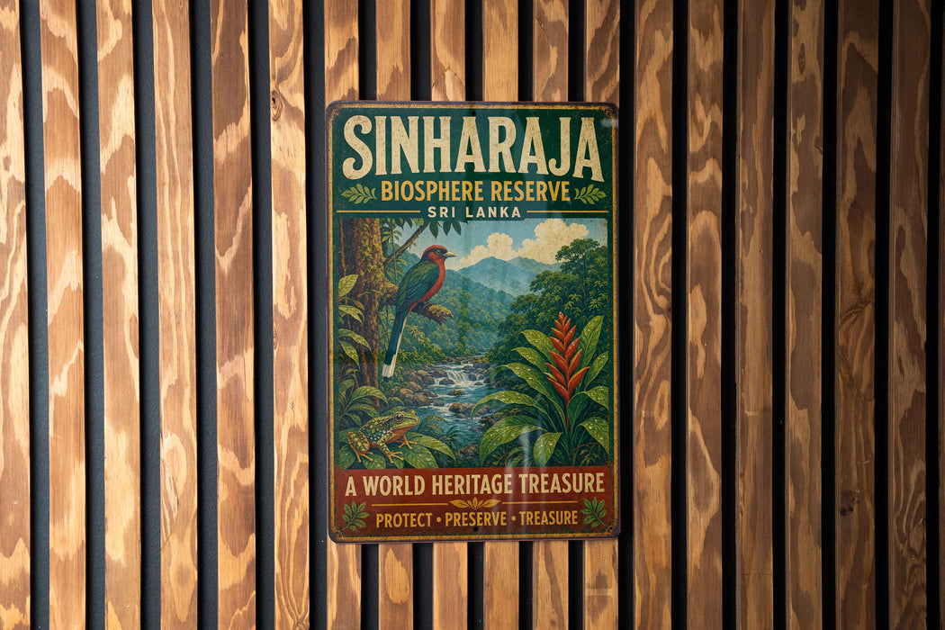 A vintage-style sign for the Sinharajai Biosphere Reserve in Sri Lanka, featuring a colorful illustration of a bird and lush tropical foliage.