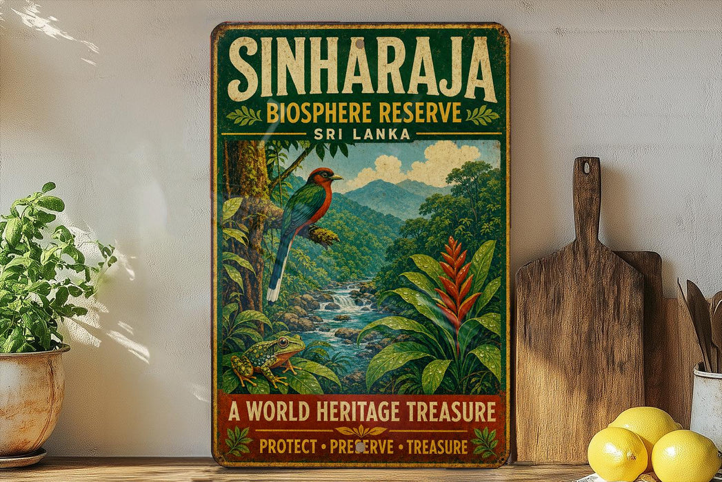 A vintage-style poster advertising the Sinharaja Bioscape Reserve in Sri Lanka, featuring a colorful illustration of a bird, a waterfall, and lush vegetation.