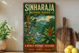 A vintage-style poster advertising the Sinharaja Bioscape Reserve in Sri Lanka, featuring a colorful illustration of a bird, a waterfall, and lush vegetation.