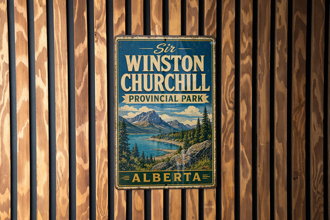 A vintage metal sign for Winston Churchill Provincial Park in Alberta, Canada, featuring a scenic landscape with mountains, a lake, and pine trees.