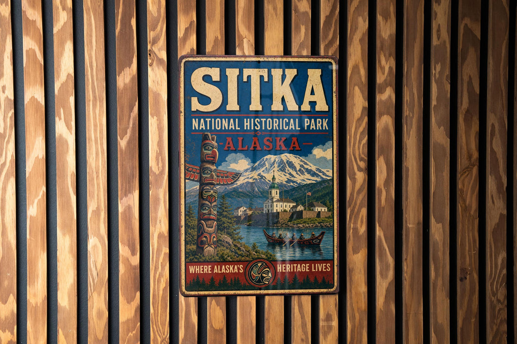 A vintage metal sign for Sitka National Historical Park in Alaska, featuring a scenic image of the park and its surroundings.