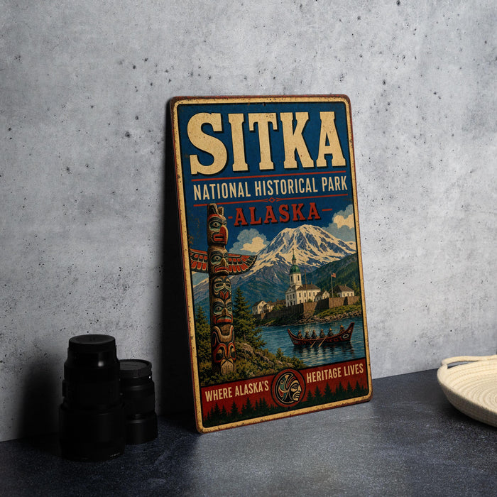 A vintage-style metal sign for Sitka National Historical Park in Alaska, featuring a mountain landscape and a canoe, is displayed on a gray concrete surface.