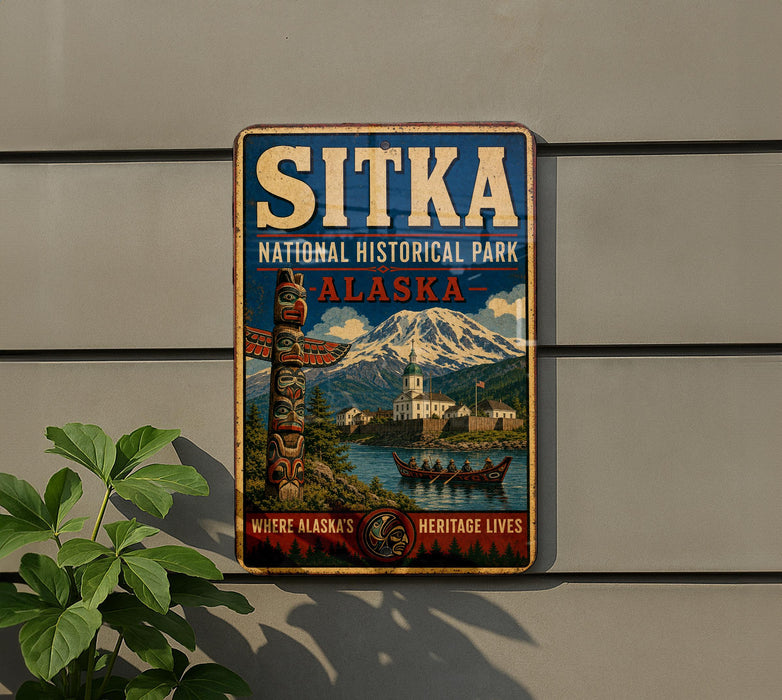 A vintage-style metal sign for Sitka National Historical Park in Alaska, featuring a mountain landscape and a canoe on the water.