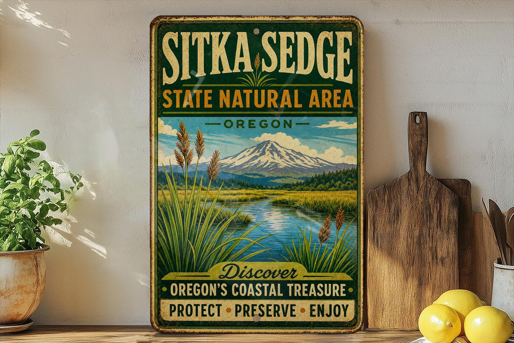 a vintage-style sign for SITKA SEDGE State Natural Area in Oregon, with a scenic landscape of a mountain, river, and grassy area.