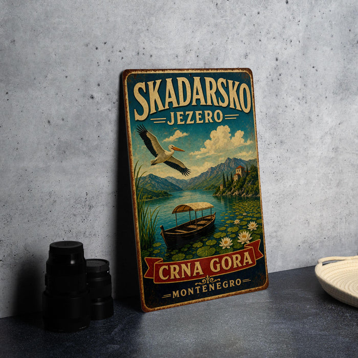 A vintage-style metal sign for Skadarsko Jezeroo, featuring a seagull flying over a lake with a boat, and the text "Carna Gora" and "Montenegro" below.
