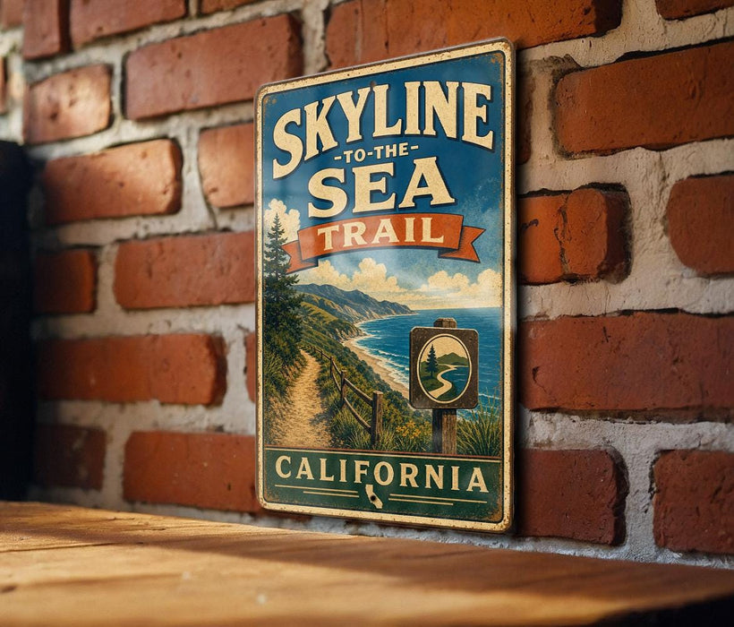 A vintage-style metal sign with the text "SKYLINE TO THE SEA TRAIL" and "CALIFORNIA" is displayed on a brick wall.