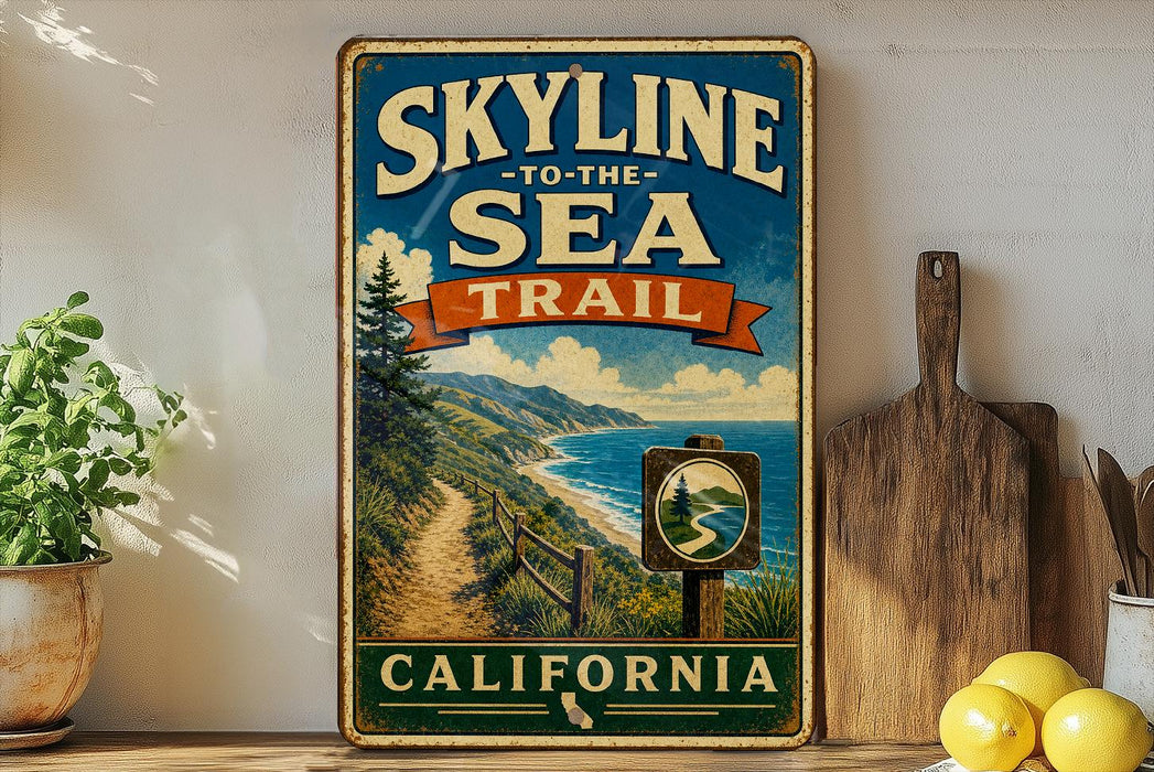 A vintage-style metal sign that reads "SKYLINE TO THE SEA TRAIL" and "CALIFORNIA", with a scenic illustration of a coastal path leading to a beach.
