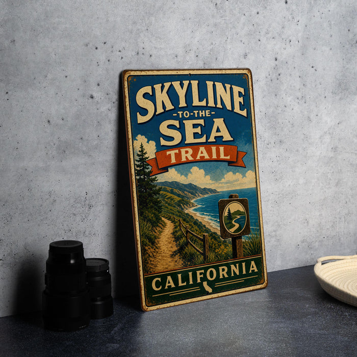 A vintage-style metal sign with the text "SKYLINE TO THE SEA TRAIL" and a scenic illustration of a coastal landscape, including a path leading to a body of water.