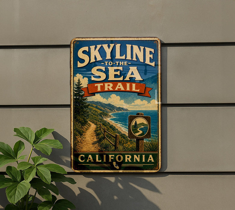 A vintage-style metal sign with the text "SKYLINE TO THE SEA TRAIL" and a scenic illustration of a coastal path leading to a beach, with the word "CALIFORNIA" below.