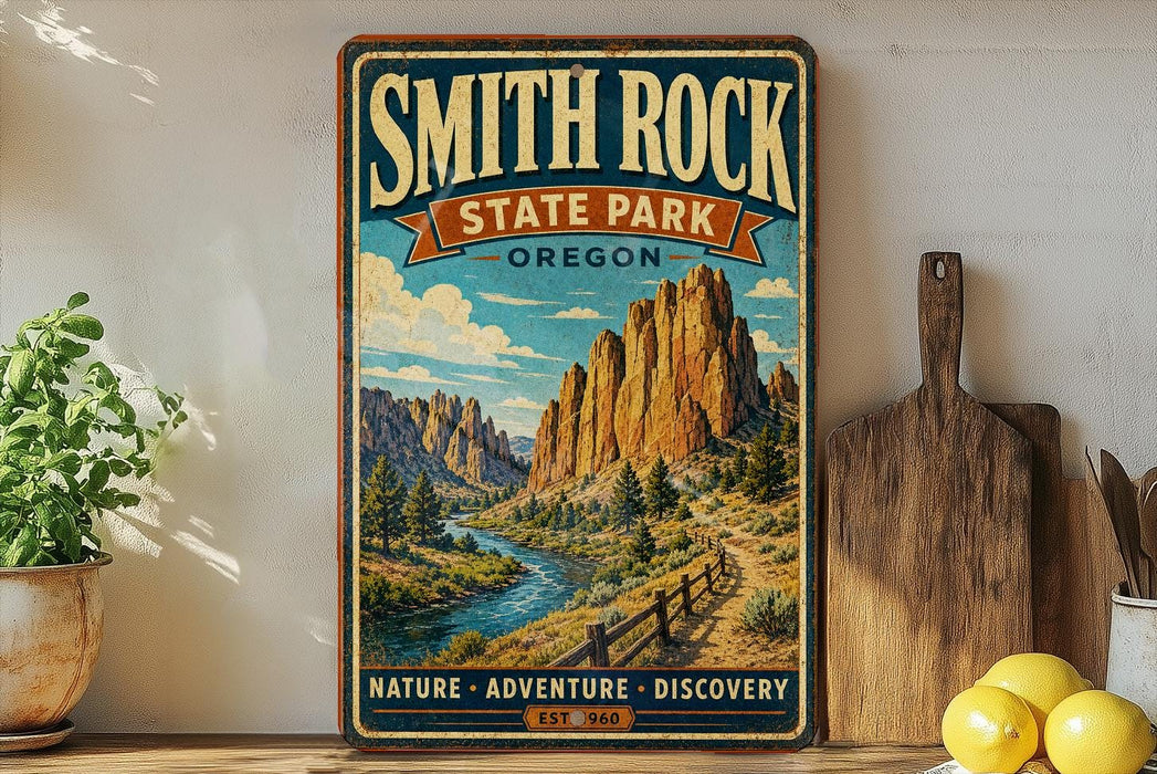 A vintage-style sign for Smith Rock State Park in Oregon, featuring a scenic mountain landscape with a winding river.